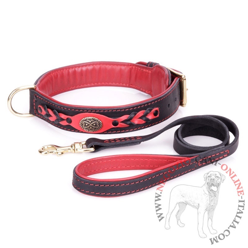 Set di collare e guinzaglio rosso-nero in vera pelle per cane - Clicca l'immagine per chiudere