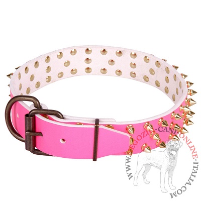 Collare rosa borchiato in pelle per cani