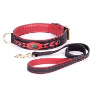 Set di collare e guinzaglio rosso-nero in vera pelle per cane